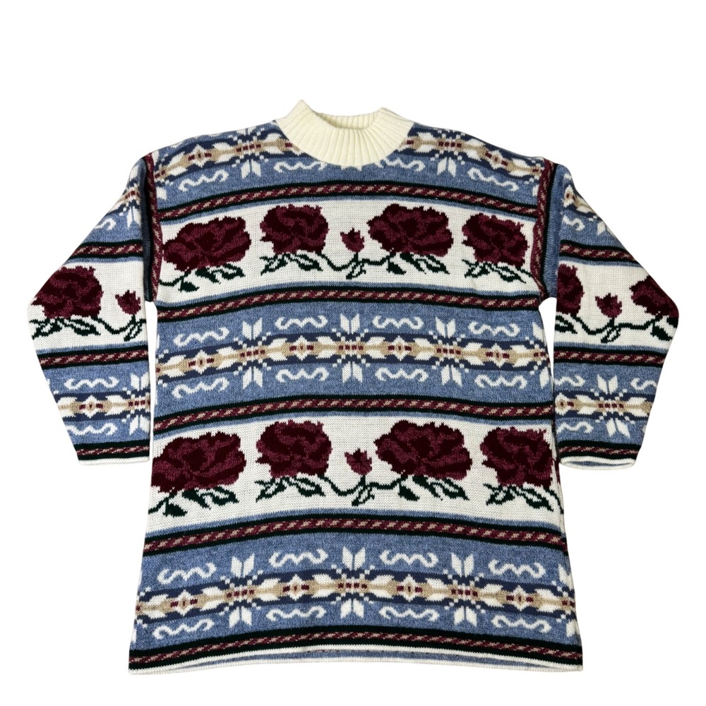 Vintage Dana Scott Fall Collection Floral Rose Sweater Knit Large Cottagecore